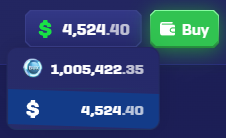 Navbar currency dropdown showing BUX and Dollars display options