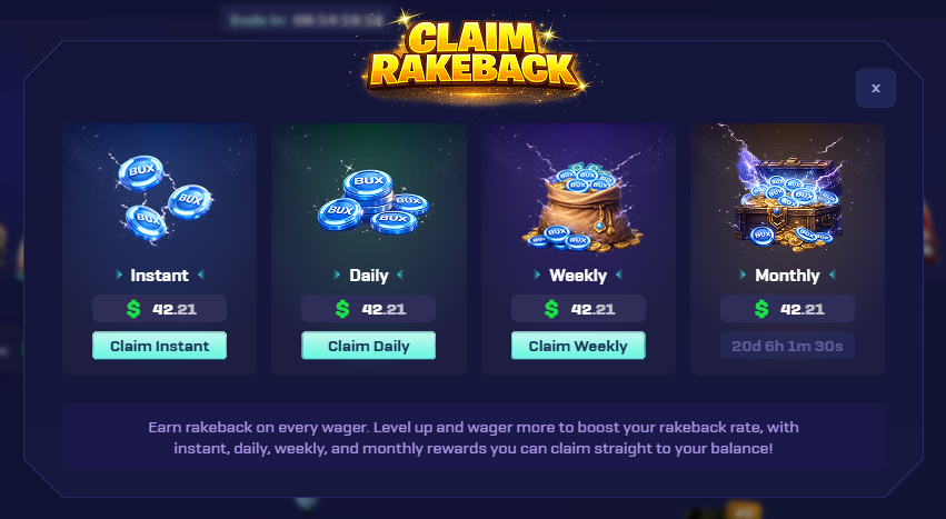Claim Rakeback modal showing Instant, Daily, Weekly, and Monthly claim options