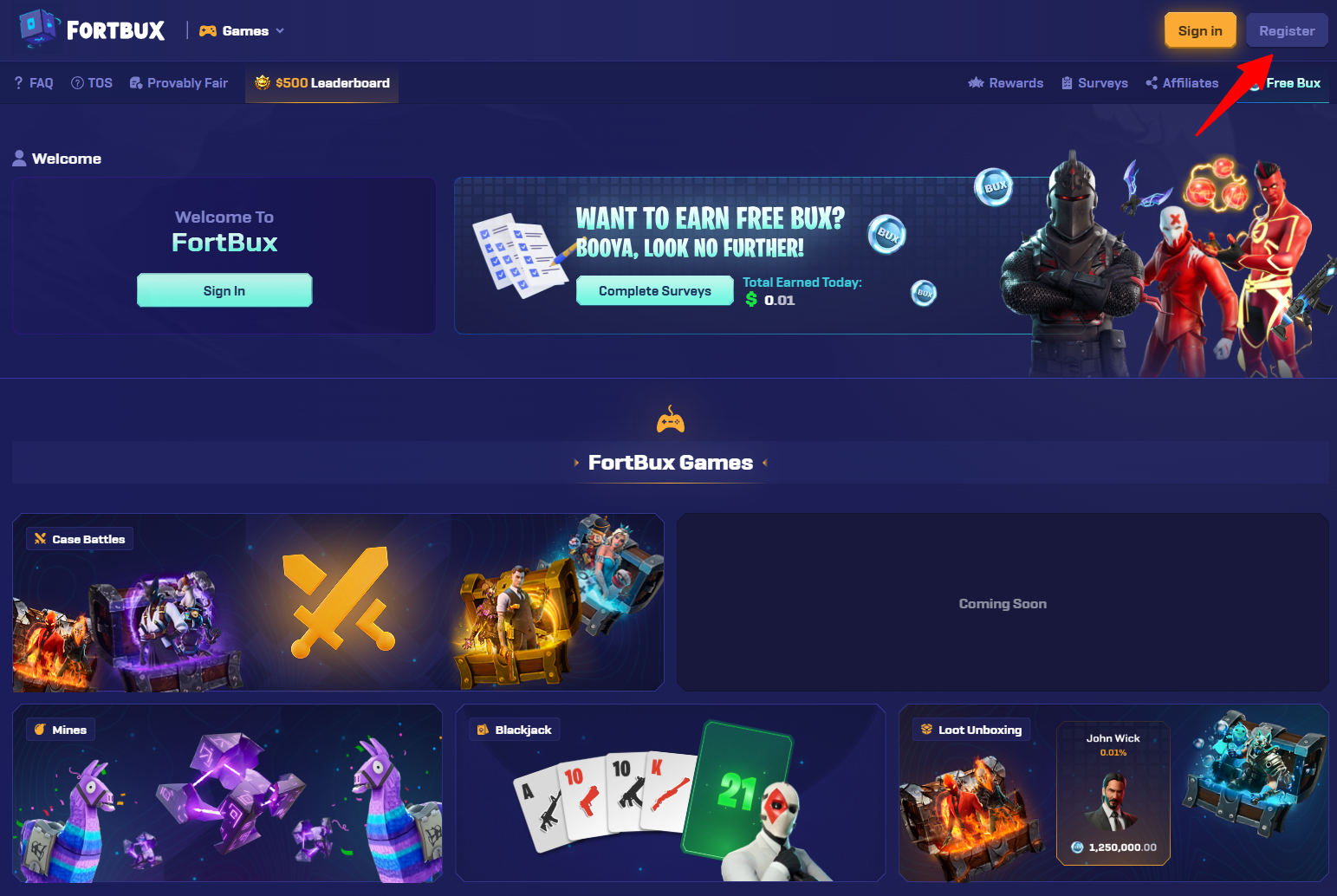 FortBux homepage with an arrow pointing to the Register button