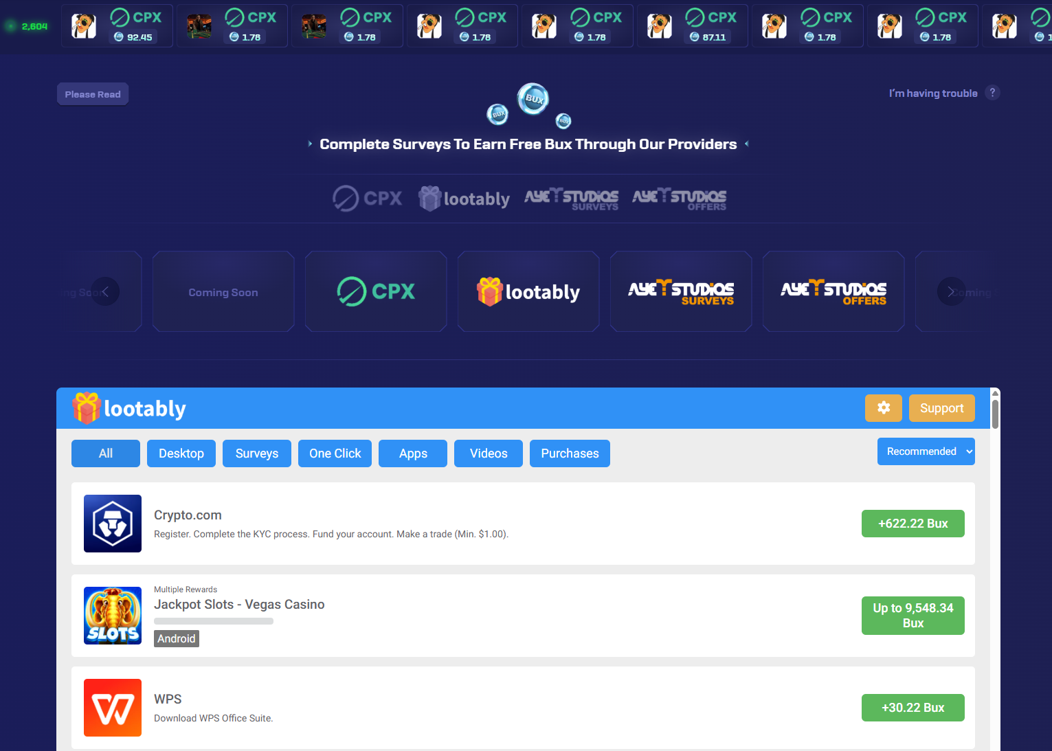 FortBux Surveys page showing available survey and offer partners